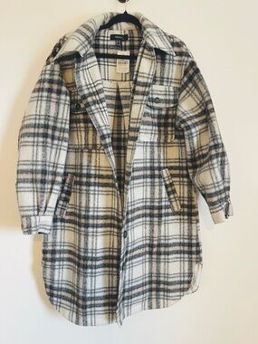 Forever 21 Cream & Black Plaid Pea Coat